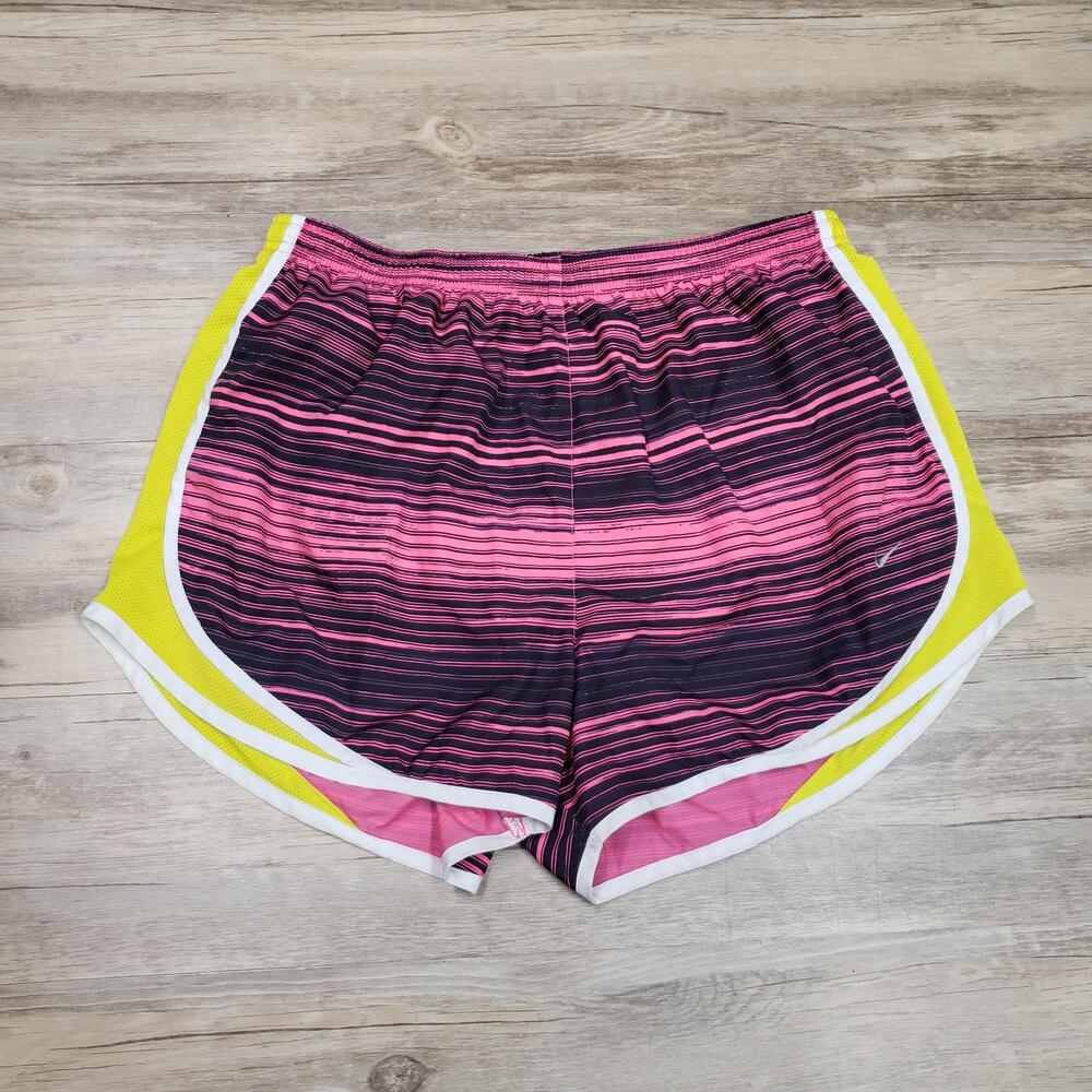 Nike Tempo Dri-FIT Running Shorts Womens Large Pink Black Striped Yellow Mesh